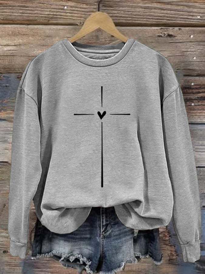 Women's Christian Cross Printed Round Neck Long Sleeve Sweatshirt