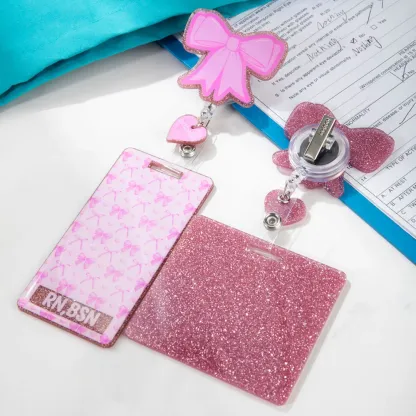 Personalized Pink Glitter Coquette Bow Heart Badge Reel with Name and Text Gift