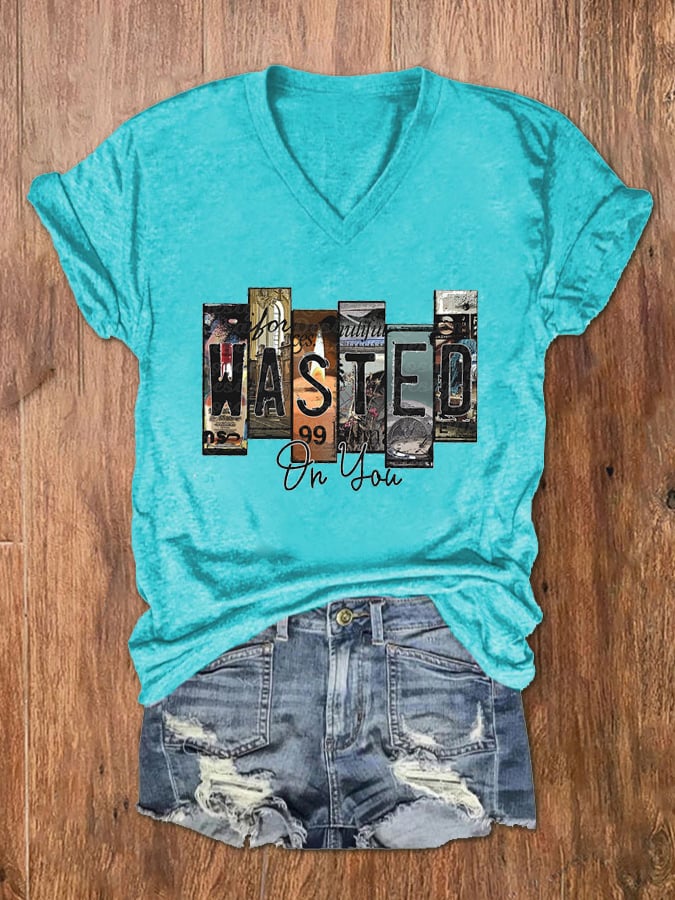 Women's Wallen Wasted On You Print V-Neck Basic T-Shirt