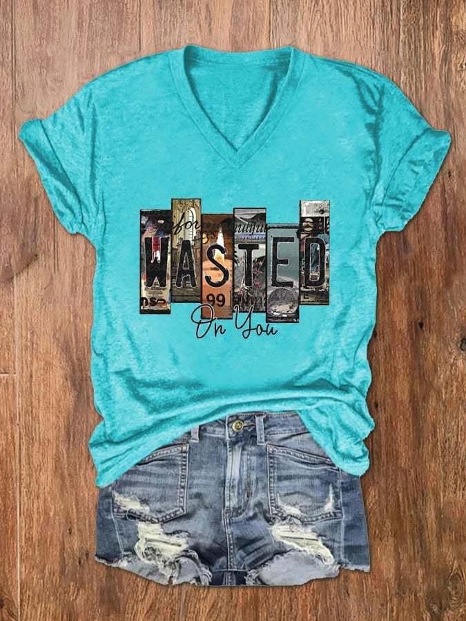 Women's Wallen Wasted On You Print V-Neck Basic T-Shirt