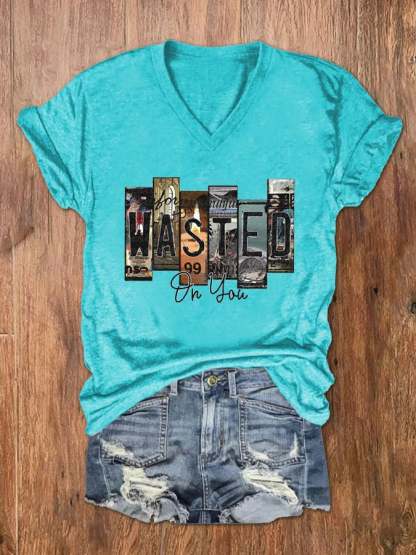 Women's Wallen Wasted On You Print V-Neck Basic T-Shirt