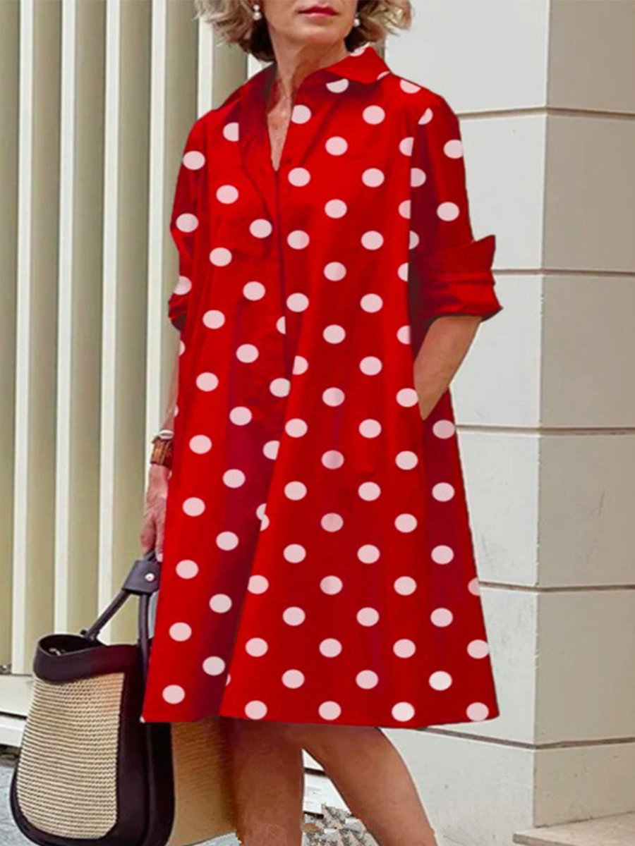 Women Polka Dot Print Long Sleeves Shirt Collar Short Dress