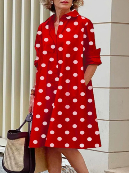 Women Polka Dot Print Long Sleeves Shirt Collar Short Dress