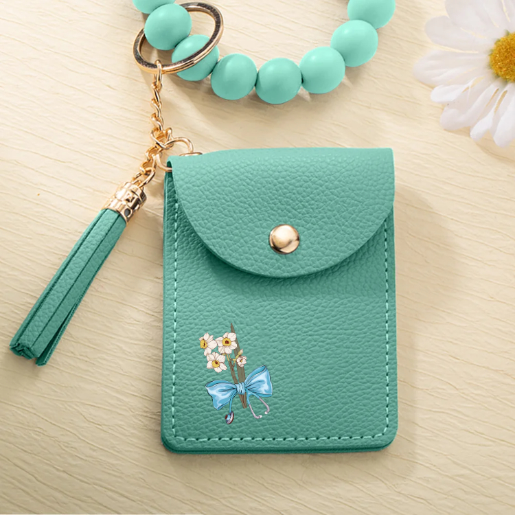 Personalized Birth Flower Bow-knot Stethoscope Tassel Keychain Wristlet Leather Wallet  Gift