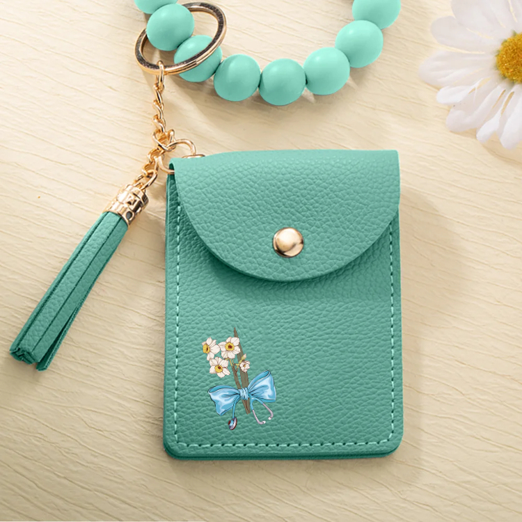 Personalized Birth Flower Bow-knot Stethoscope Tassel Keychain Wristlet Leather Wallet  Gift