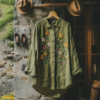 Casual Floral Print Buttoned Cotton Linen Long Skirt Dress