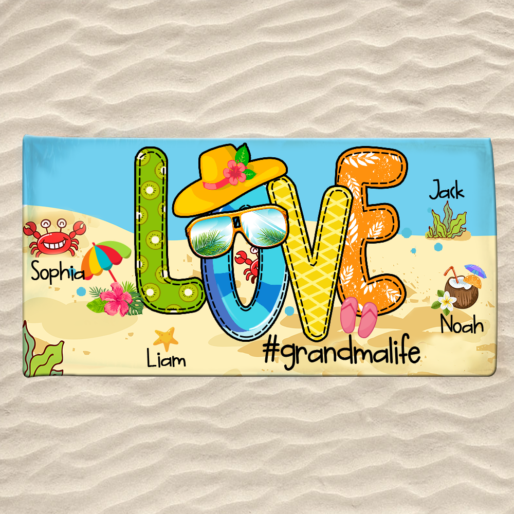 Personalized Grandma Beach Towel, Beach Love Gift for Grandma and Kids, Summer Beach Towel