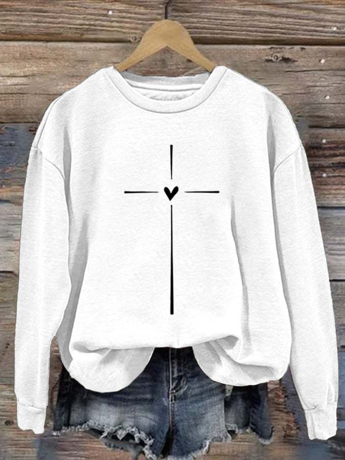 Women's Christian Cross Printed Round Neck Long Sleeve Sweatshirt