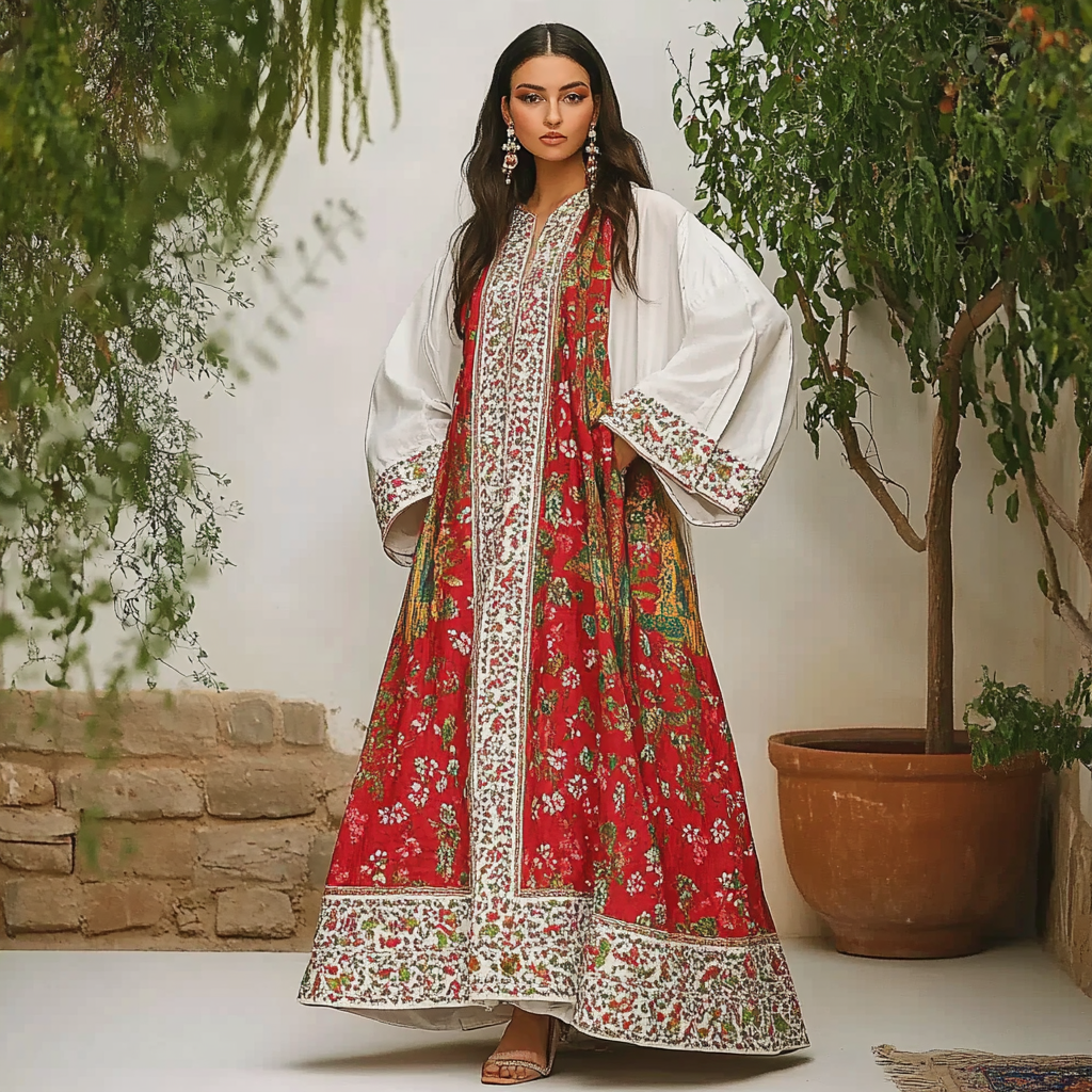 Women's Middle Eastern Floral Print Contrast Color Stitching Temperament Four Seasons Robe Dress