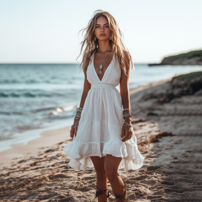 Boho V-neck Sleeveless Cotton And Linen Mini Dress