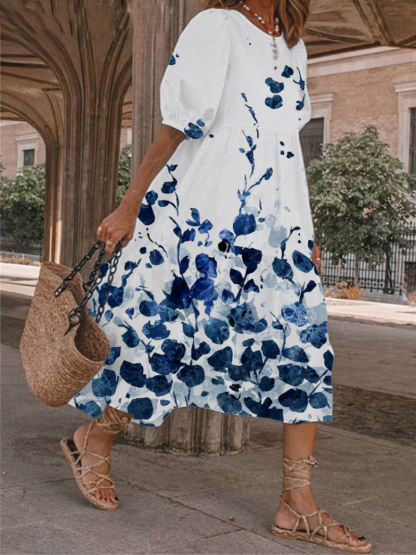 Loose Type Stylish Floral Print Short Sleeve Dress