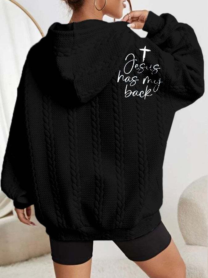 Women's Faith Jesus Has My Back Printed Casual Cable Hoodie
