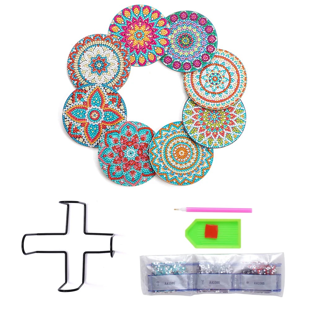 8pcs DIY Diamond Painting Coaster Mandala Wooden Cup Coaster