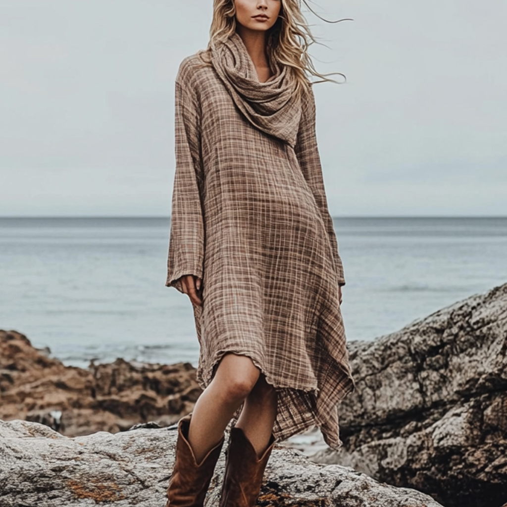 Bohemian Irregular Hem Pile Collar Linen Dress
