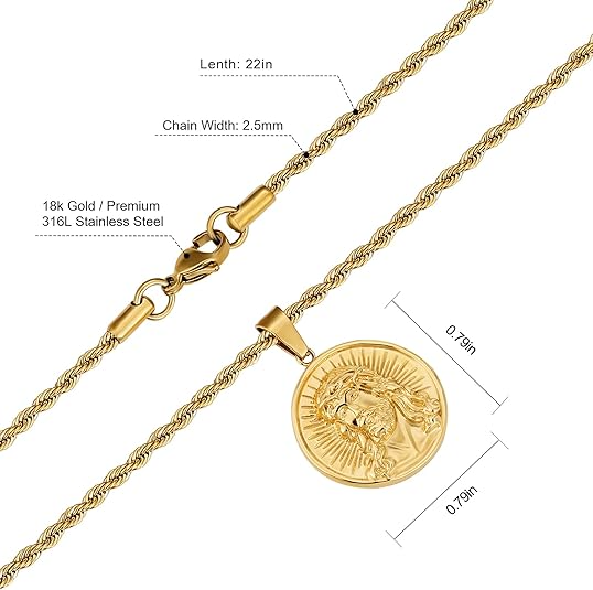 Coin Pendant Medallion Necklace, Jesus/St. Christopher/Cross Circle Gold Vintage Coin Necklace For Men, 2.5mm, 22in