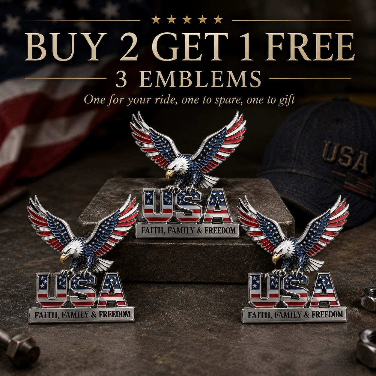 49% OFF - ★USA Faith, Family & Freedom★ Metal Emblem