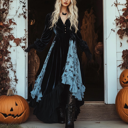 Halloween Party Gothic Witch Velvet Lace Splicing Dress