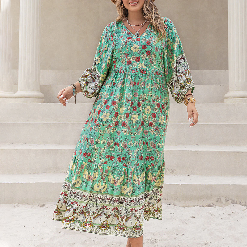 Women's Floral Print V-neck Long Sleeve Maxi Dress