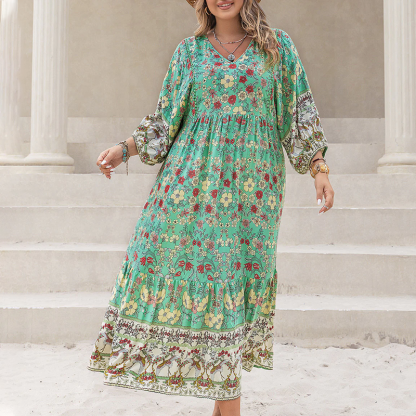 Women's Floral Print V-neck Long Sleeve Maxi Dress