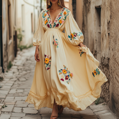 Women's Outdoor Vacation Elegant Lady Bohemian Flower Embroidered Lace Splicing Fold V-neck Puff Sleeve Dress