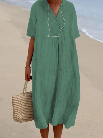 Women Summer Vacation V Neck Loose Plain Cotton And Linen Short sleeve Dress