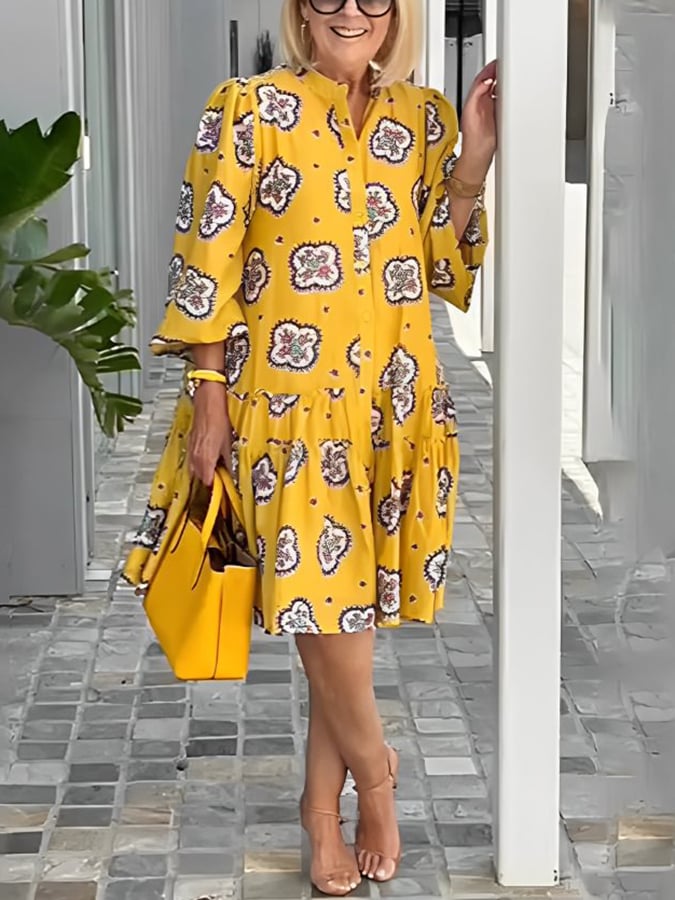 European And American Style Casual All-Match Printed Puff Sleeve Dress