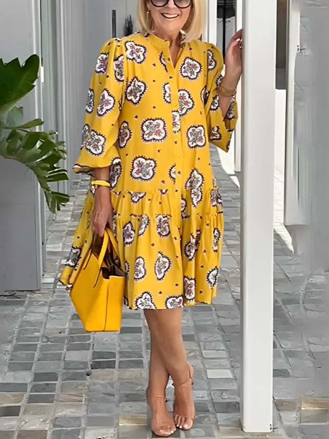 European And American Style Casual All-Match Printed Puff Sleeve Dress