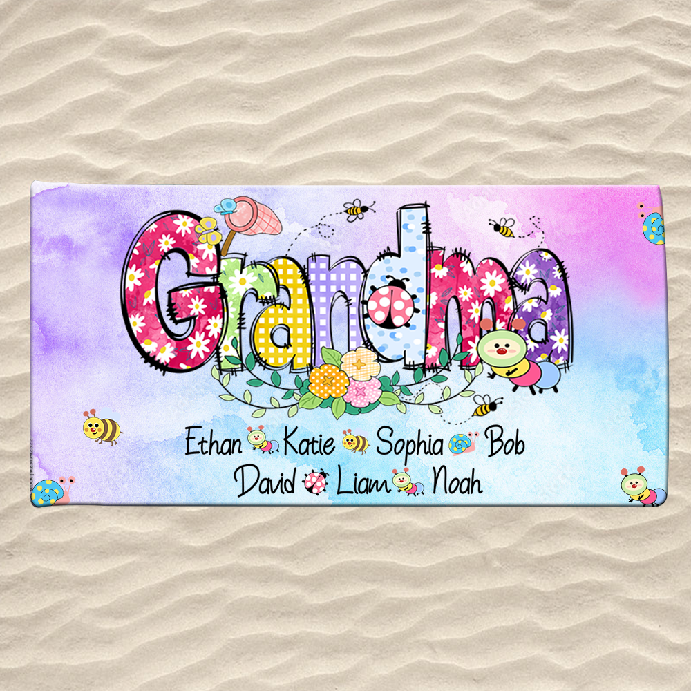 Personalized Summer Beach Towels, Flowers Gifts Grandma, Custom Nickname And Kids, Summer Beach Towels