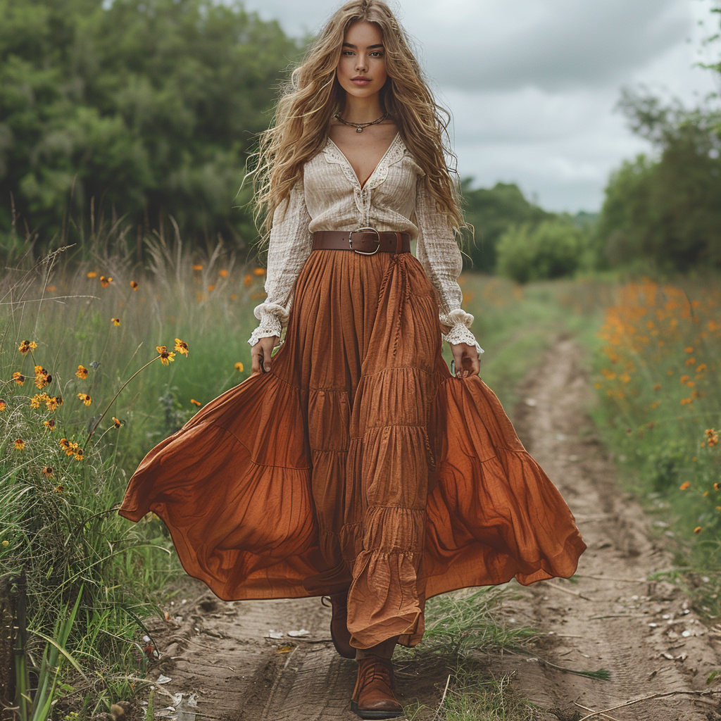 Retro V-neck Lace Linen Women's Long-sleeved Long Skirt Pastoral Style Linen Dress