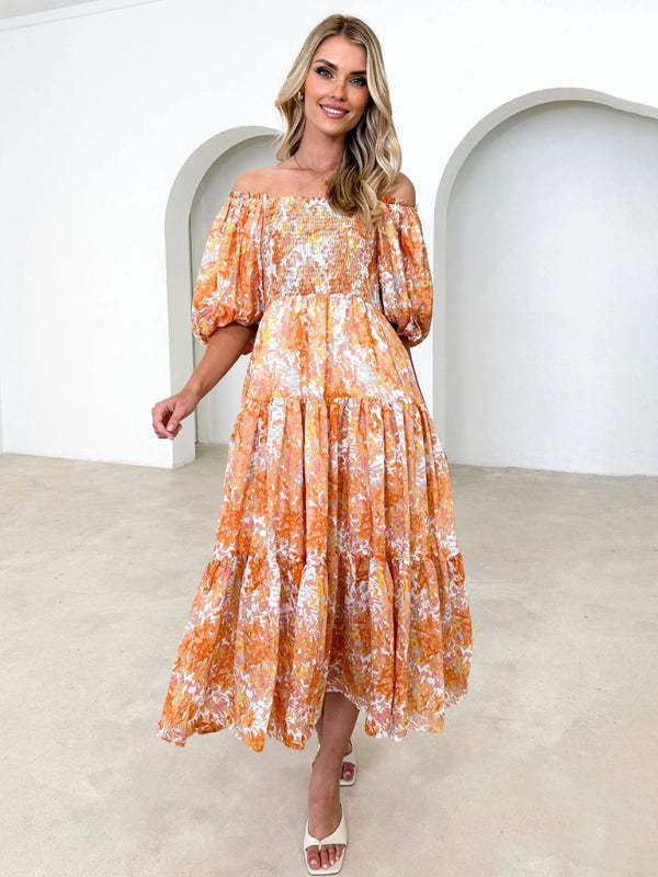 Women's Resort Style Puff Sleeve Printed French Cake Dress
