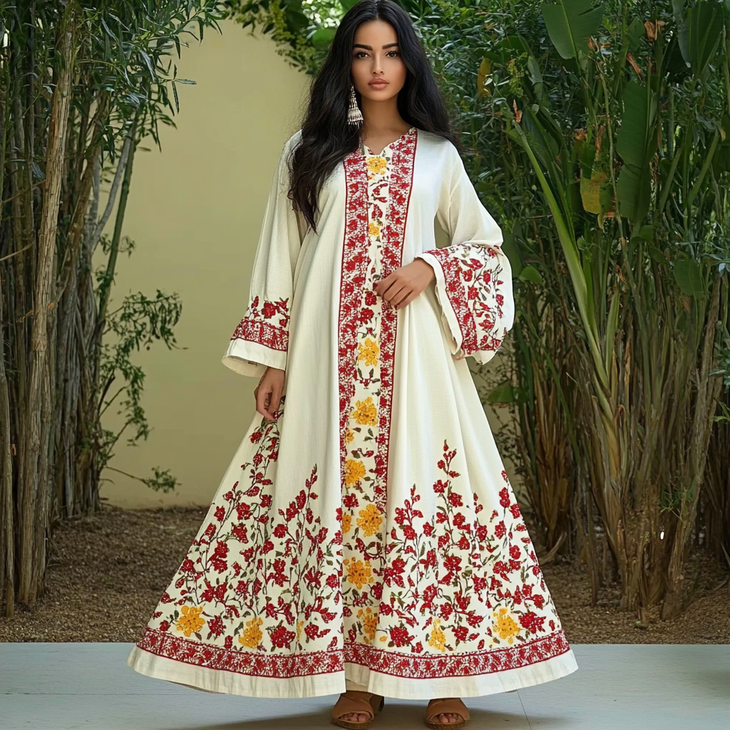 Women's Middle Eastern Floral Print Contrast Color Stitching Temperament Four Seasons Robe Dress