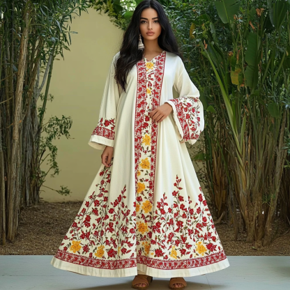Women's Middle Eastern Floral Print Contrast Color Stitching Temperament Four Seasons Robe Dress