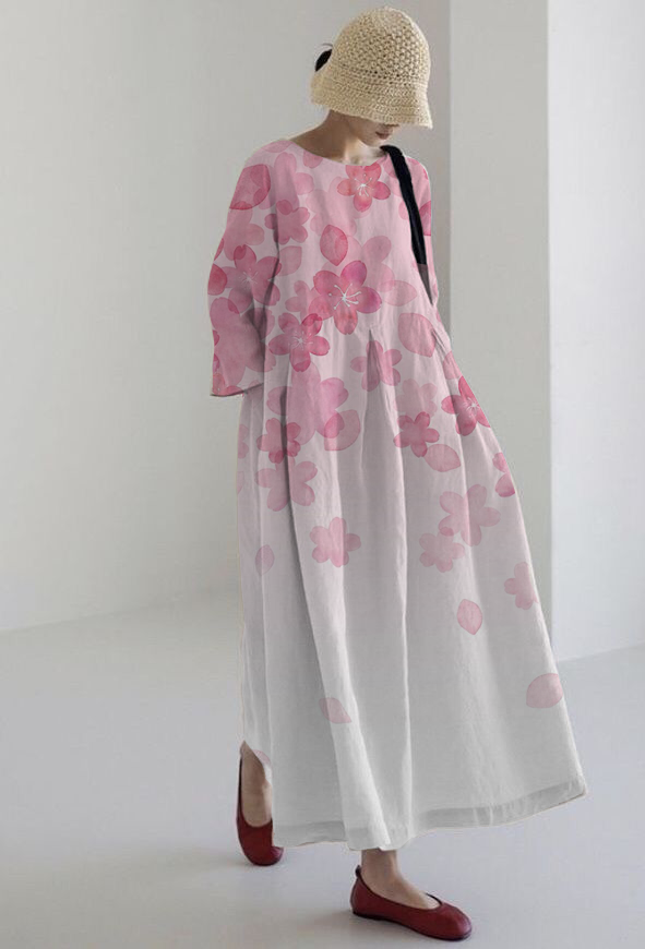 Women's Long Sleeve Large Hem Floral Print Midi Dress Holiday Dress