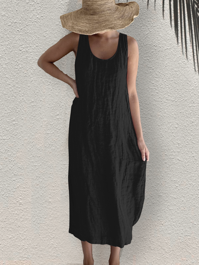 Sleeveless Crew Neck Plain Summer Vacation Cotton And Linen Casual Loose Dress