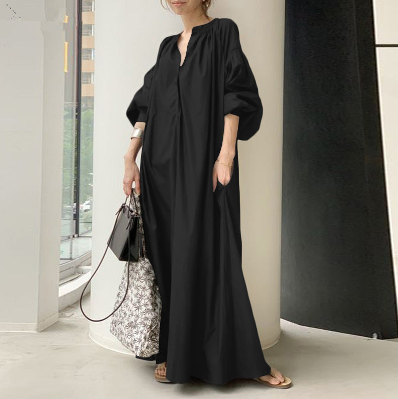 Cotton Linen Stand Collar Long Loose Fashion Casual Lantern Sleeves Swing Dress