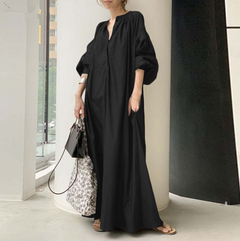 Cotton Linen Stand Collar Long Loose Fashion Casual Lantern Sleeves Swing Dress