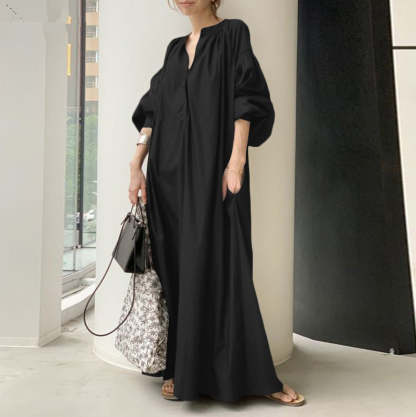 Cotton Linen Stand Collar Long Loose Fashion Casual Lantern Sleeves Swing Dress