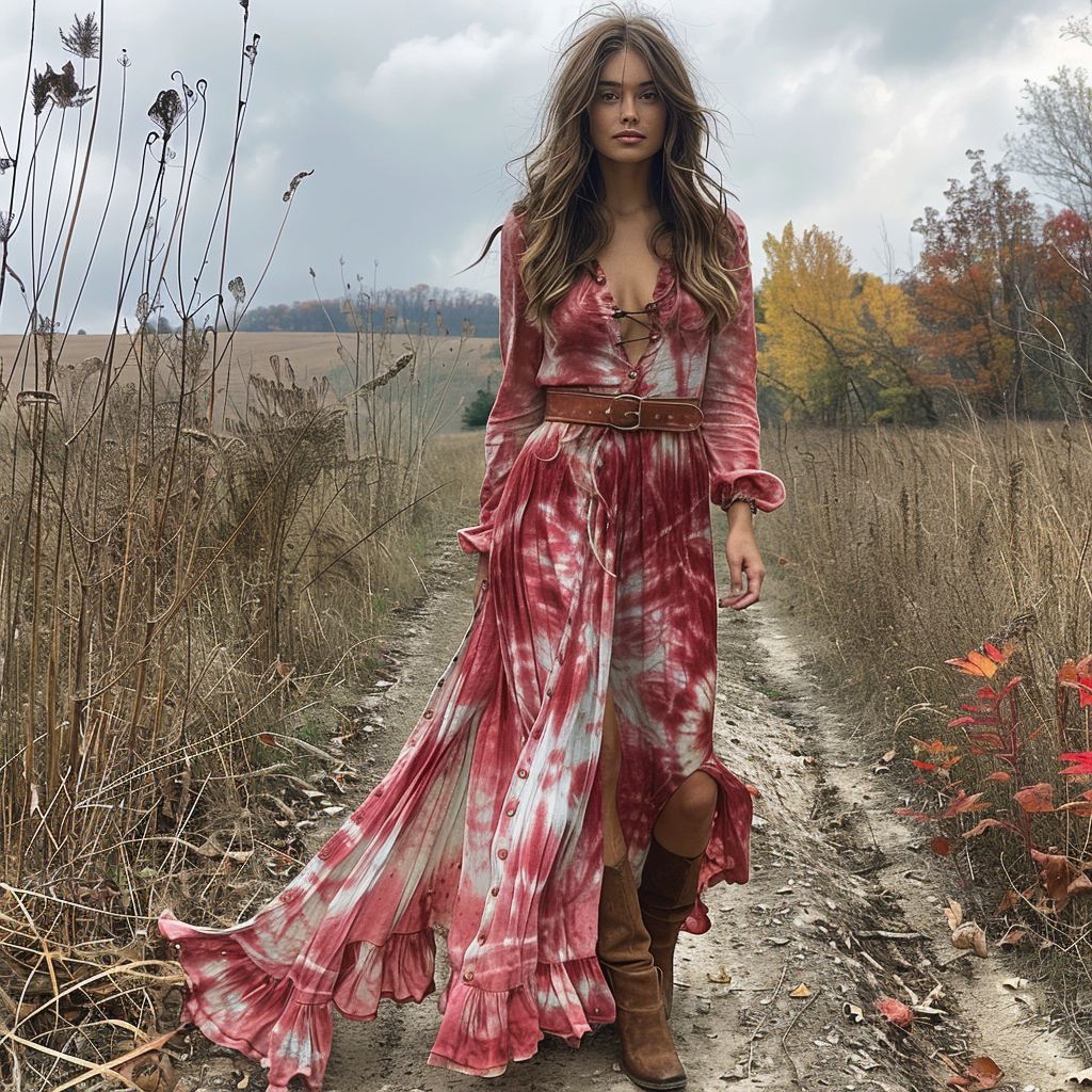 Retro V-neck Tie-dye Women's Long-sleeved Dress Bohemian Pastoral Style Tie-dye V-neck Dress Sexy Long Dress