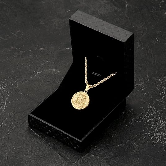 Coin Pendant Medallion Necklace, Jesus/St. Christopher/Cross Circle Gold Vintage Coin Necklace For Men, 2.5mm, 22in