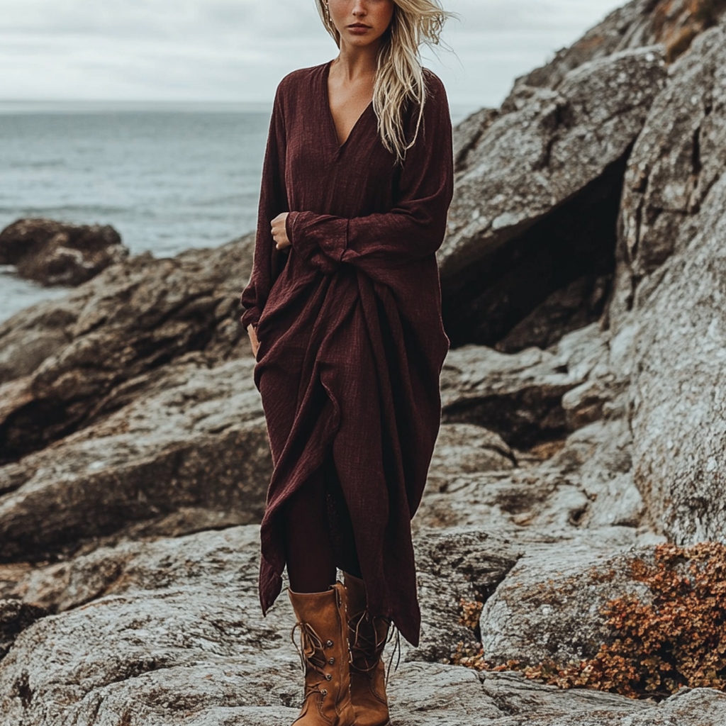 Bohemian Irregular Hem Pile Collar Linen Dress