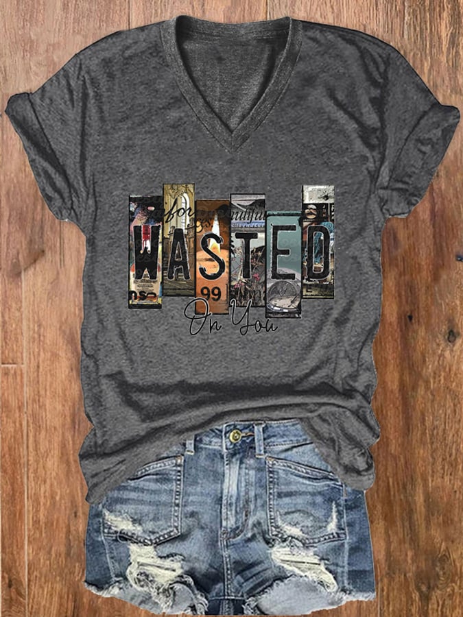 Women's Wallen Wasted On You Print V-Neck Basic T-Shirt