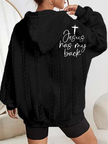 Women's Faith Jesus Has My Back Printed Casual Cable Hoodie