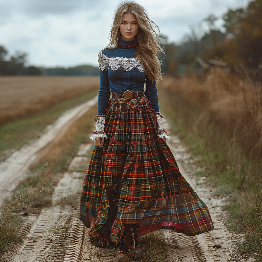 Women's Retro High Neck Long Sleeve Long Skirt Plaid Pastoral Style Dress