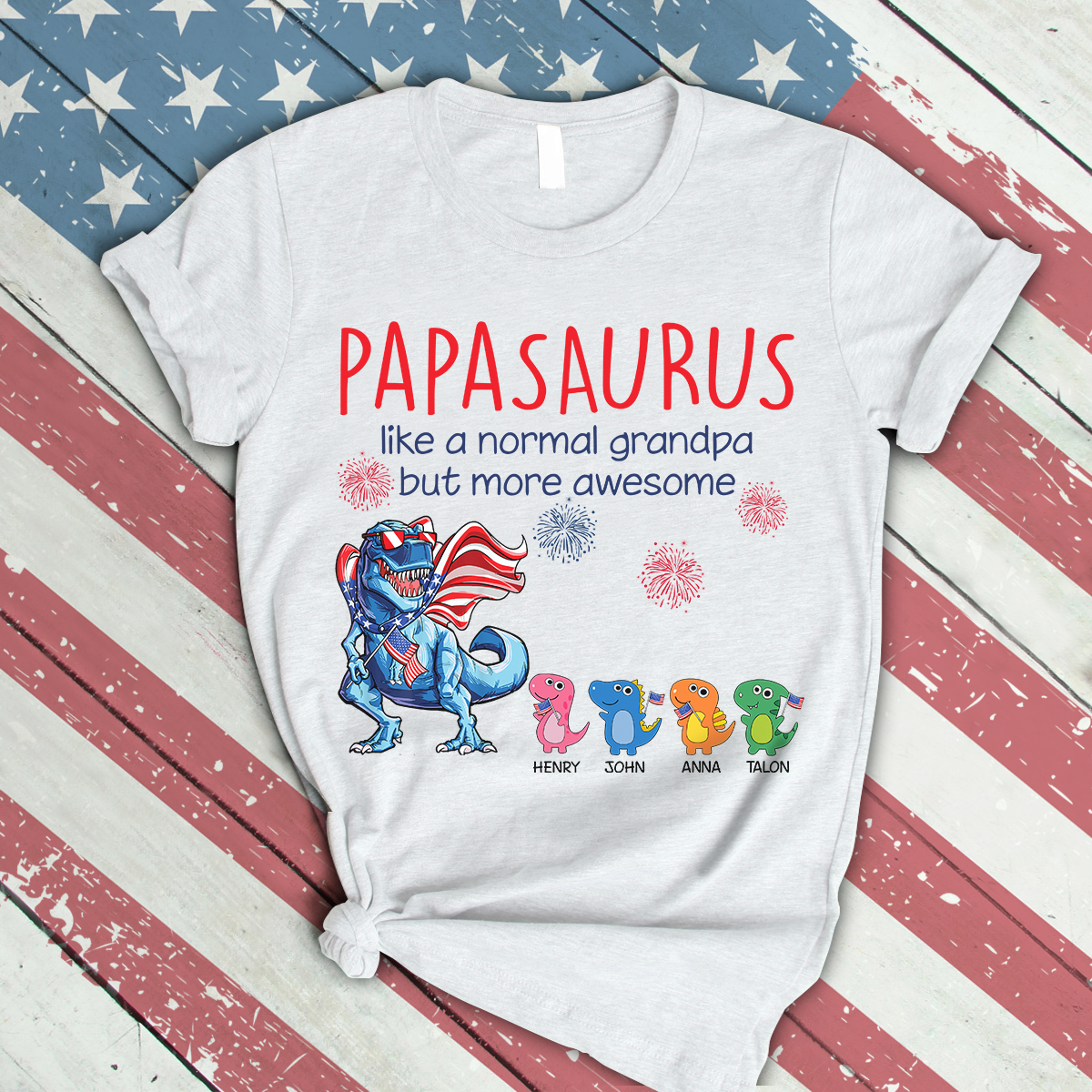 Personalized Shirt, 4th Of July, Papasaurus Shirt, Independence Day, American Flag, Customized Names with Grandkids