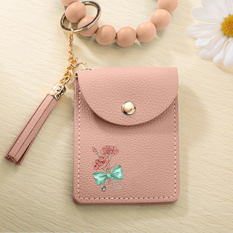Personalized Birth Flower Bow-knot Stethoscope Tassel Keychain Wristlet Leather Wallet  Gift