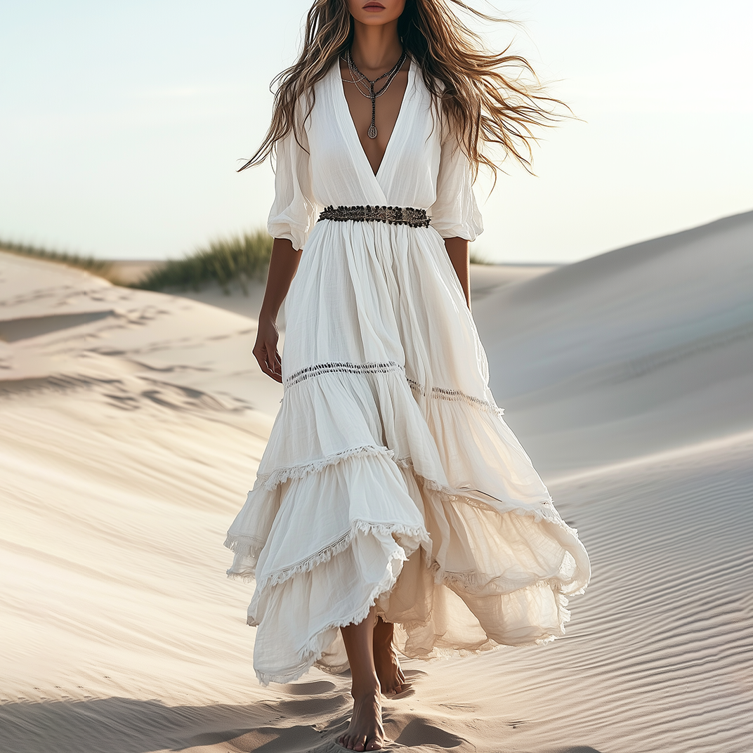 Boho V Neck Cotton And Linen Mid Sleeve Maxi Dress