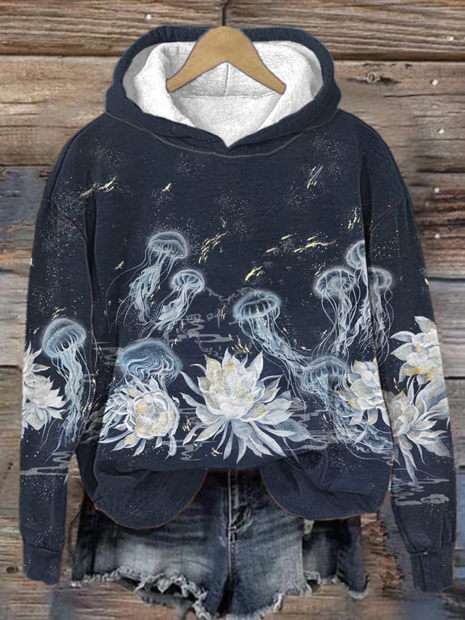 Women's Vintage Floral Jellyfish Print Hoodie