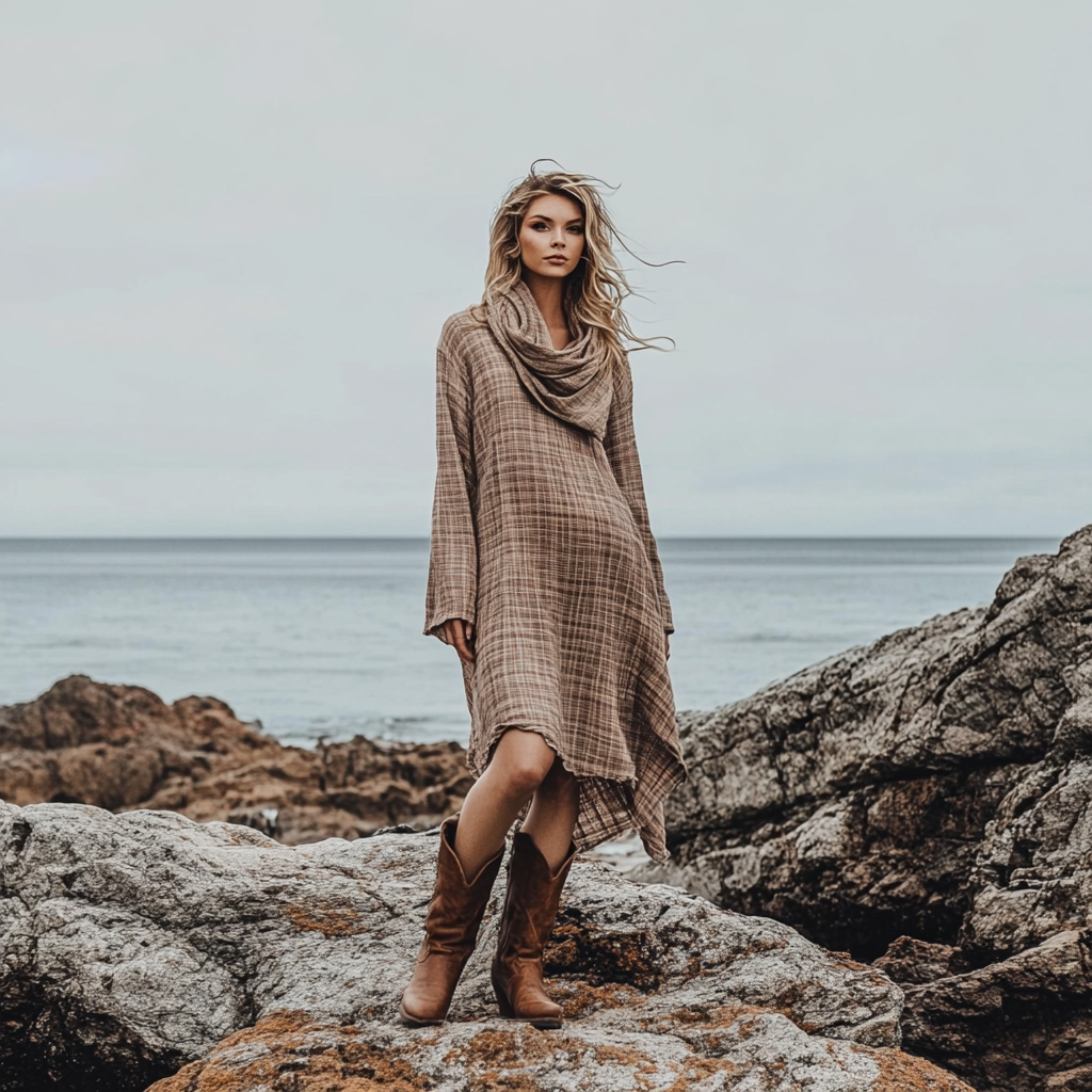 Bohemian Irregular Hem Pile Collar Linen Dress