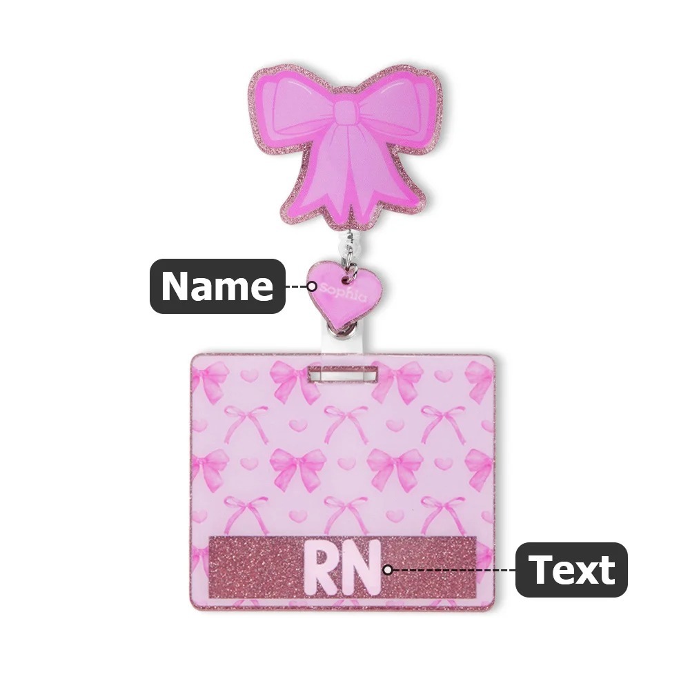 Personalized Pink Glitter Coquette Bow Heart Badge Reel with Name and Text Gift