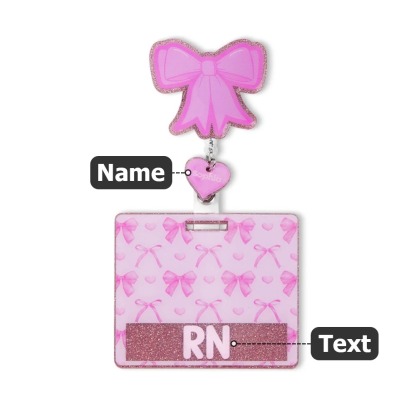 Personalized Pink Glitter Coquette Bow Heart Badge Reel with Name and Text Gift